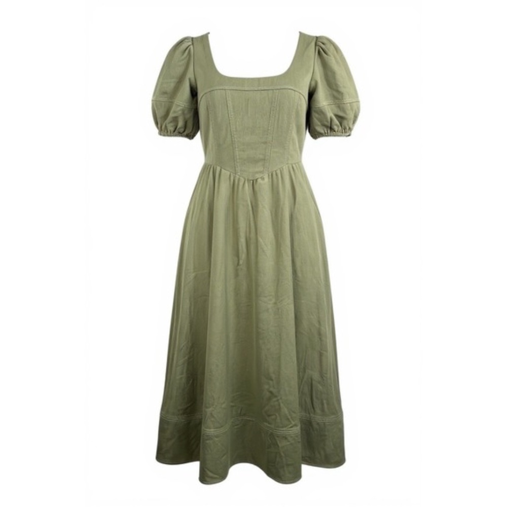 NWT ANTHROPOLOGIE Cottagecore Olive Green Puffy Sleeve Fairytale Dress - Size S